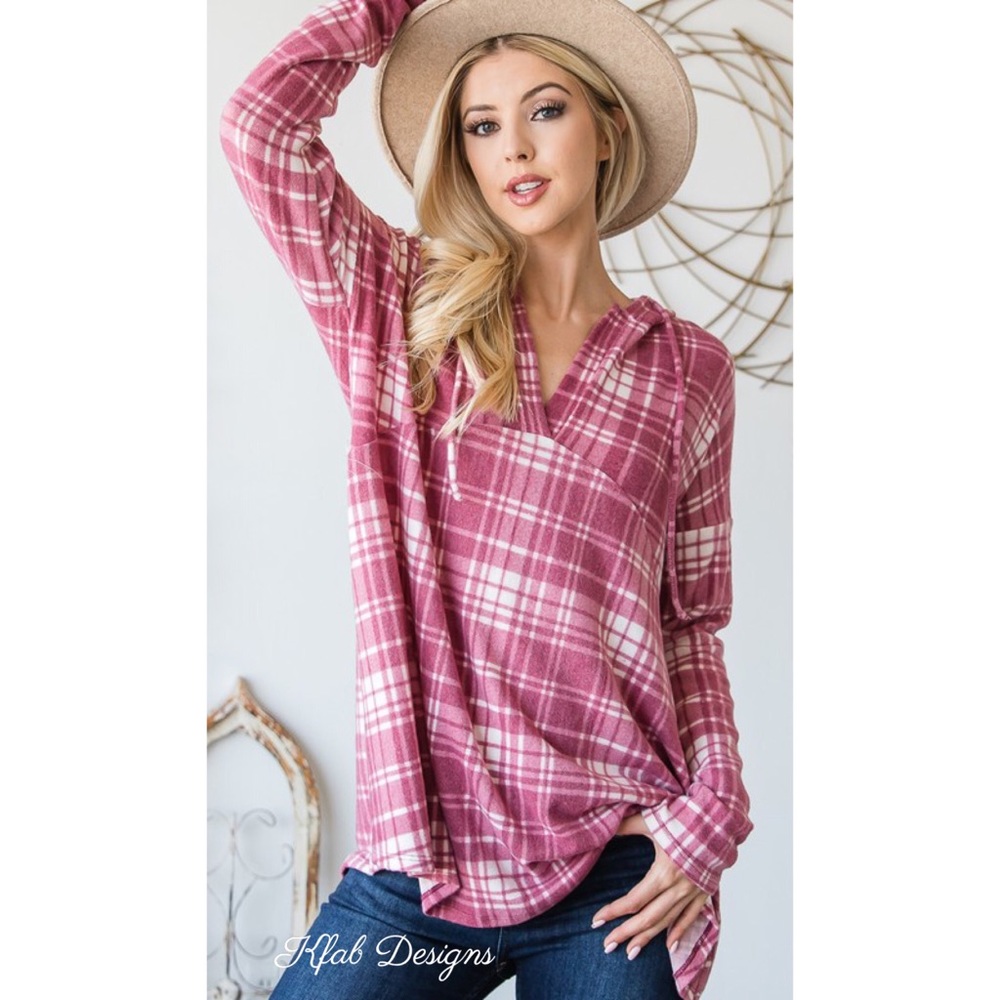 ❤️LAST 1! V Neck Soft Check Print Relaxed Fit Hoodie! - Picture 2 of 8